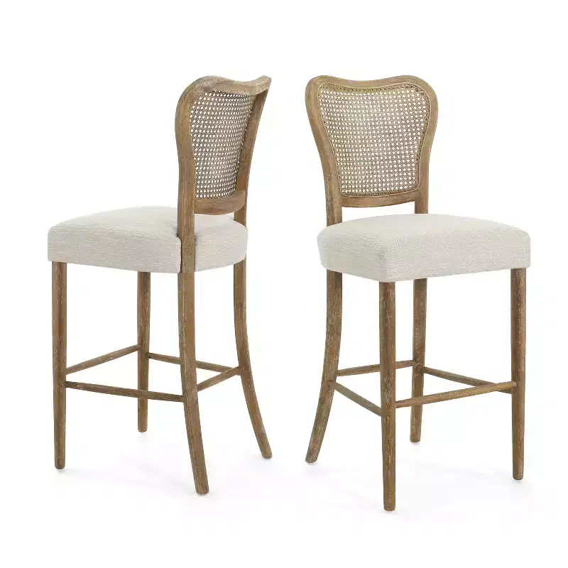 GDFStudio Wracy Upholstered 30 Rattan Back Rubber Wood Frame Barstool with Footrest, Light Brown