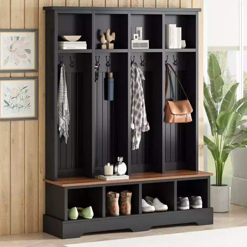 Farmhouse Hall Tree with 8 Hooks, Entryway Bench with Open Compartments, 3-in-1 Wooden Coat and Shoe Rack