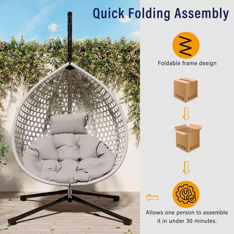 GDFStudio Anderson Hanging Egg Rattan Chair with Stand and Soft Removable Cushion