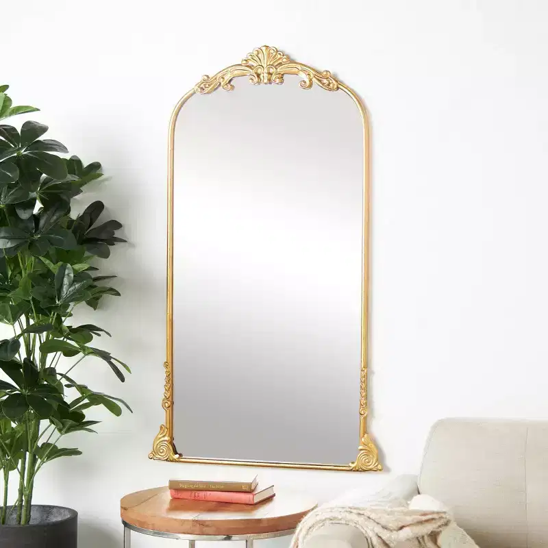 Olivia & May 48"x28" Metal Tall Ornate Arched Baroque Floor Mirror Gold: Vintage Style, Keyhole Mount, Wood Frame