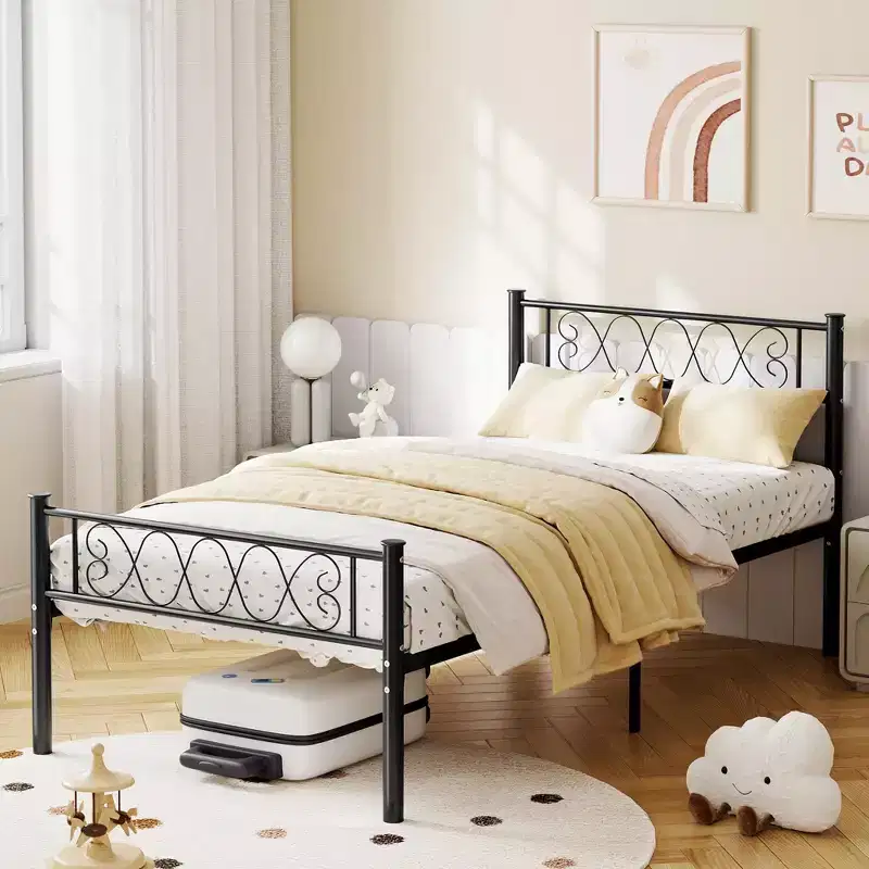 Black  Metal Platform Bed Frame with Heart-Design Headboard and Footboard - No Box Spring Needed