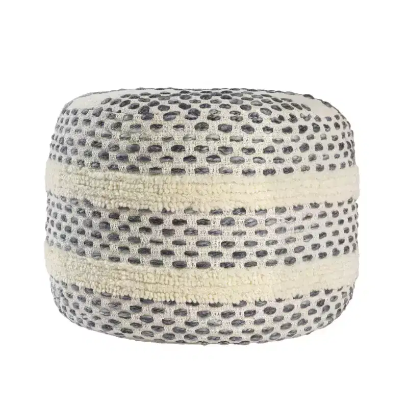 HomeRoots 18 Ivory and Blue Cotton Blend Round Striped Pouf Ottoman