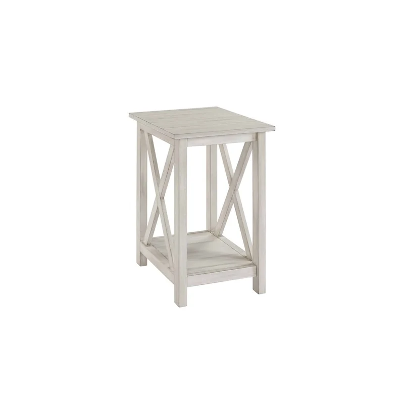 X-Base Side Table with Lower Shelf – Antique White, MDF & Solid Wood, Single-Person Assembly