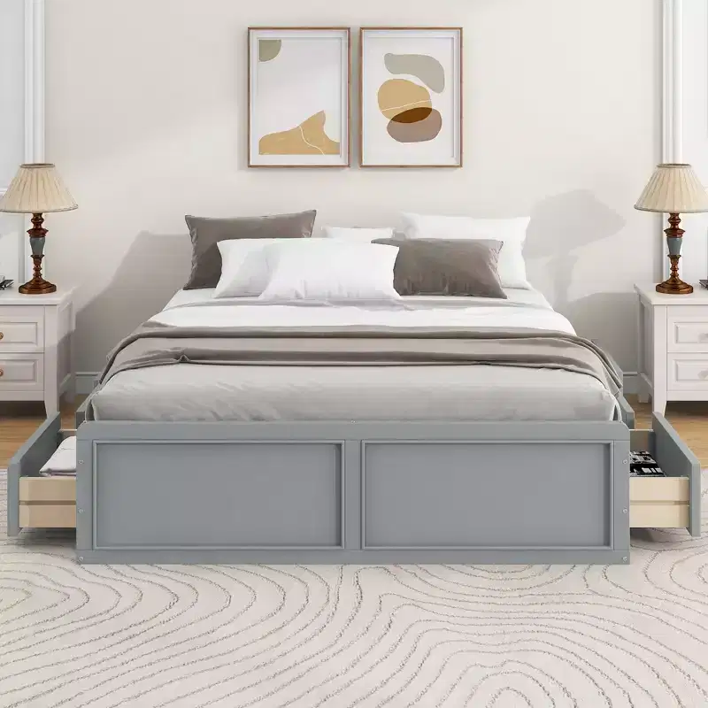 Queen Platform Beds with 6 Storage Drawers, Rustic Wood Queen Size Platform Bed Frame without Headboard, Gray