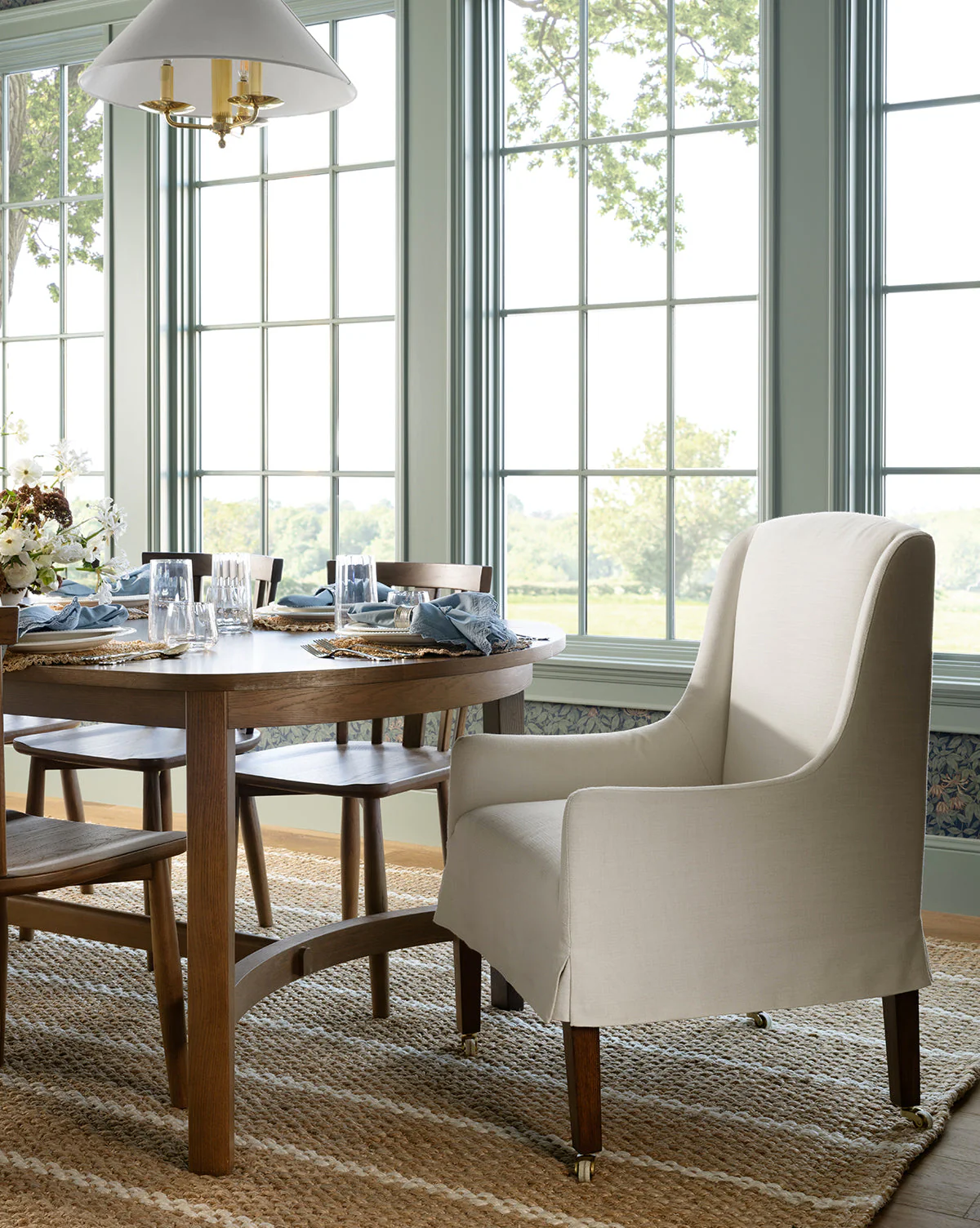 Classic Upholstered Dining Arm Chair with Curved Arms & Structured Lines for Dining Room