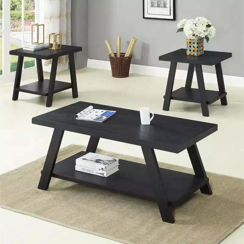 Roundhill Furniture Athens Contemporary Replicated Wood Shelf Coffee Set Table in Black Finish