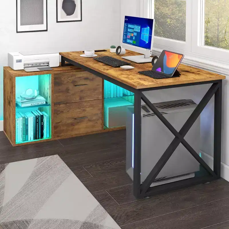 Brown 55inch L Shaped Desk Reversible Corner Computer Desk with Drawers & LED Lights with 4 Glass Open Storage Shelves