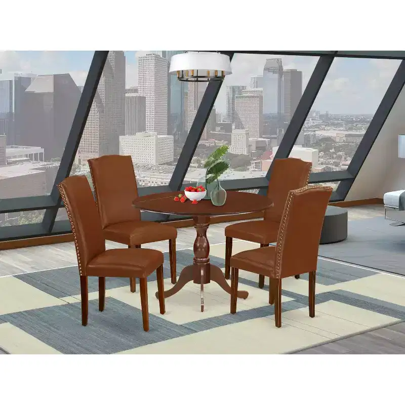 5-Piece Mahogany Finish Solid Wood Top Dining table with 4-Chairs with Drop Leaf
