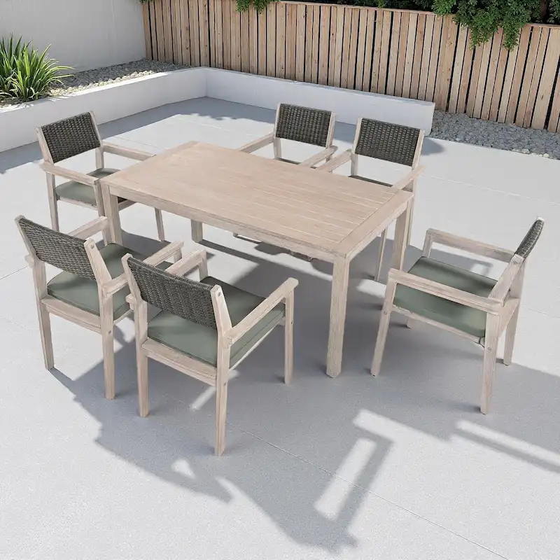 7-Piece Outdoor Patio Acacia Wood Dining Set with Rectangular Table and 6 Rattan Backrest Cushioned Chairs