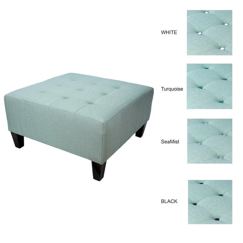 Button Tufted Upholstered Square Ottoman | Blue | Modern Accent Footrest