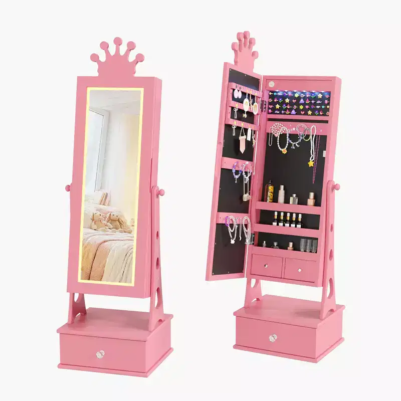 Kids Jewelry Cabinet, Standing Jewelry Organizer with Full-Length Mirror, 3 Storage Drawer, Kids Vanity Dress Up Mirror