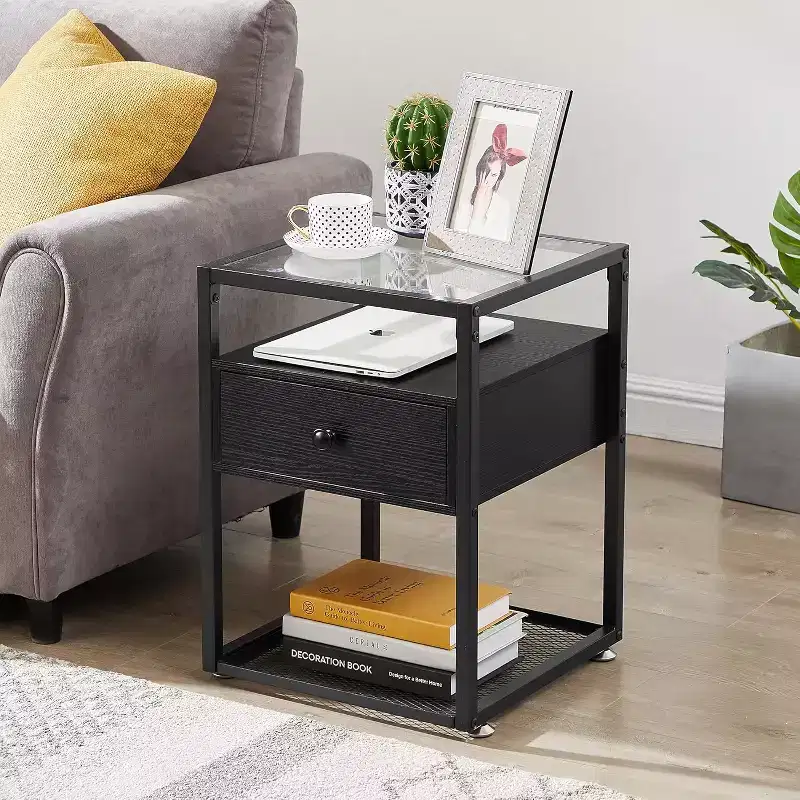 VECELO 1/2 PCs 3-tier Nightstand Glass Top Side End Table with Drawer & Open Shelf Brown/Black