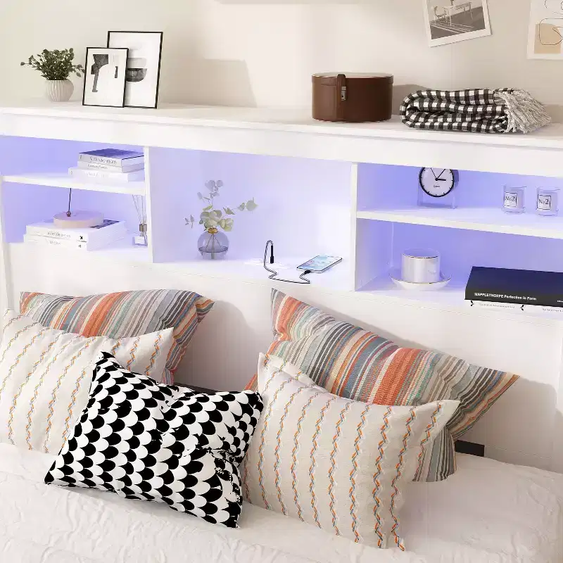 Famapy White Full/ Queen Size Headboard,App-Controlled LED Lights,Adjustable Shelves,Smart Bedroom Storage Solution