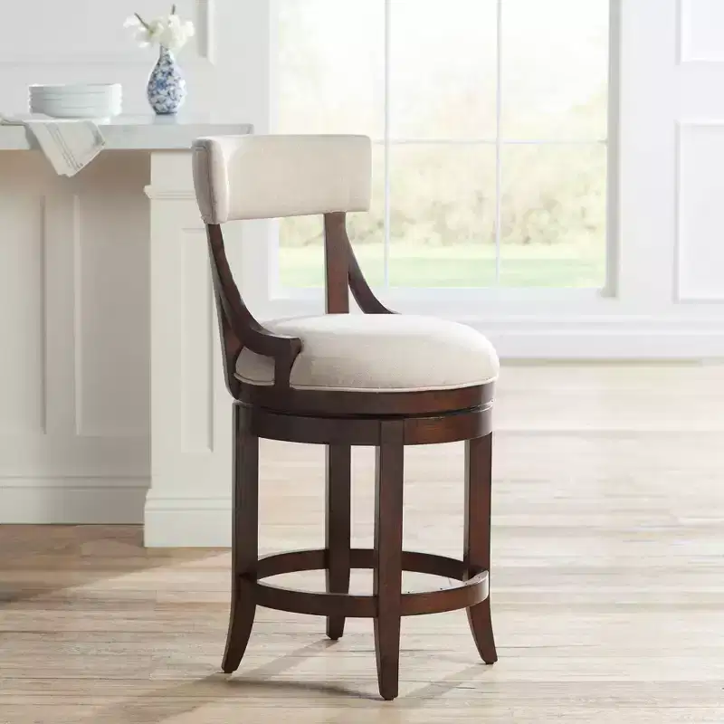 Round Walnut Wood Counter Stool with Linen Seat