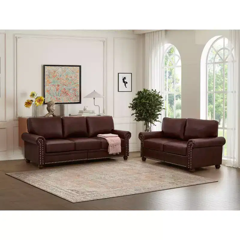 MAYEERTY Line Fabric Upholstery with Storage Sofa, Solid Wood & Metal Frame, Silver Nails Decor for Living Room Buegundy
