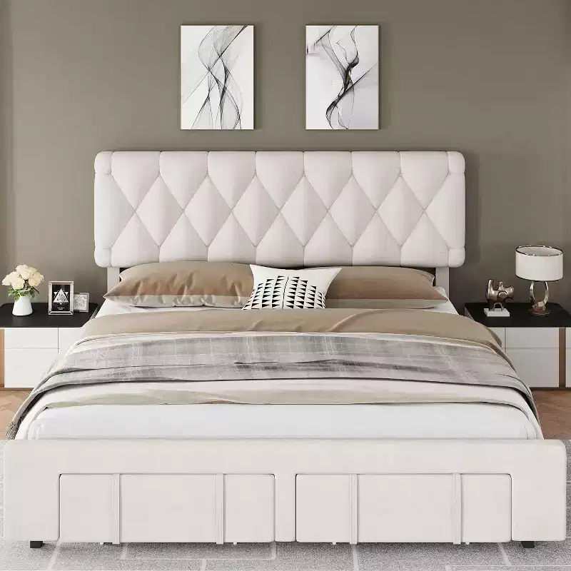 Velvet Upholstered Bed Frame with Storage Drawers, Platform Design with Solid Wooden Slats Support, No Box Spring Required.
