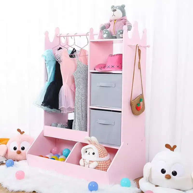 Kid Clothes Hanger with Lighted Mirror Girl Dress-Up Storage Armoire Clothing Rack and Storage Bin