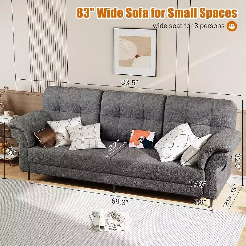 84 Inch Sofas for Living Room, Curved Armrests, Removable Pillows, Minimalist Teddy Fleece, Side Pockets, Iron Frame