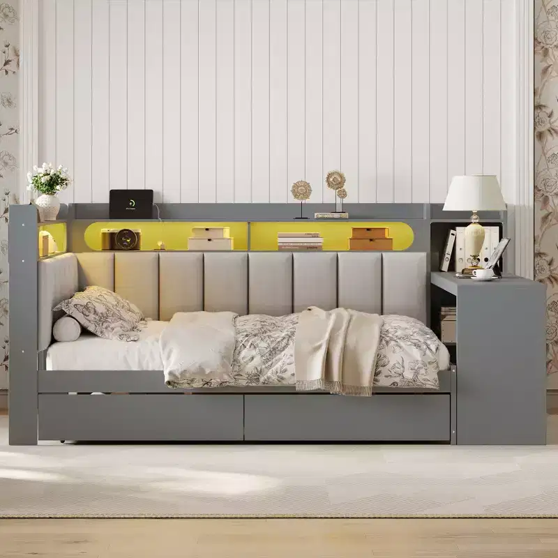 Full Size Daybed with Storage Shelves, Charging Station, LED Light & Desk