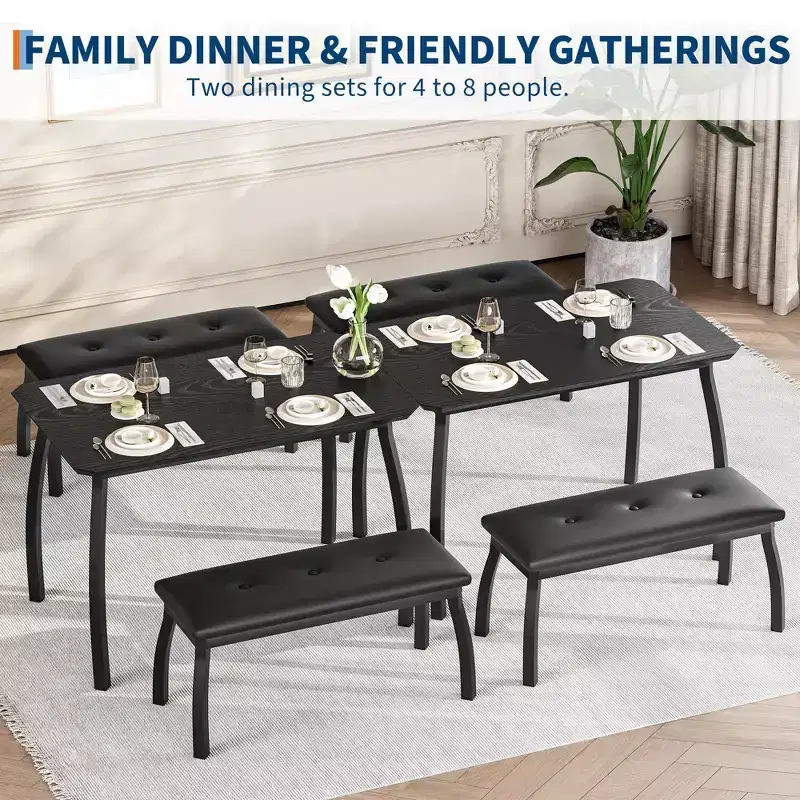 Dining Table Set for 4, with 2 Upholstered Benches