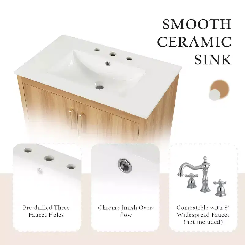 30-Inch Bathroom Vanity with Sink, Cabinet, Drawer & MDF Construction – Natural Finish