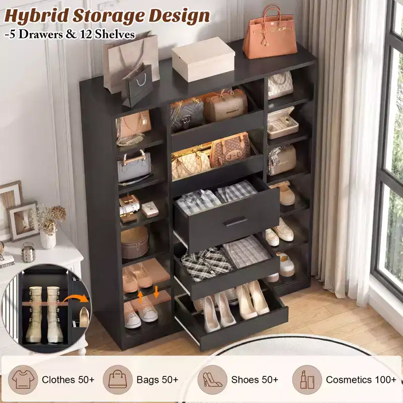 Wooden Shoe Cabinet with LED Lights, Freestanding Closet Organizer with Drawer and Shelves