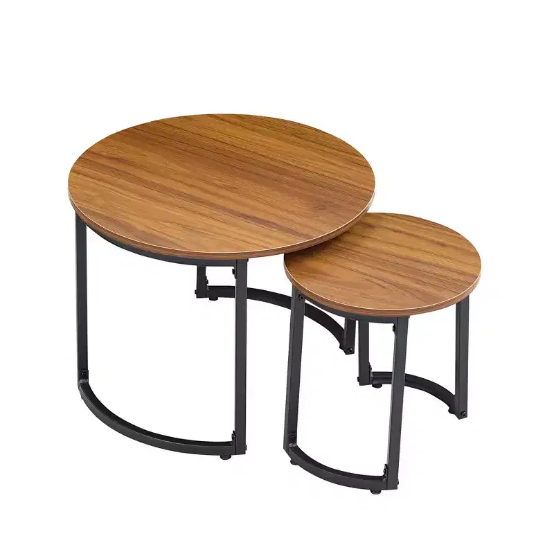 VECELO Nesting Coffee Table Set of 2, Wood Round Side Tables with Adjustable Non-Slip Feet for Living Room, Brown