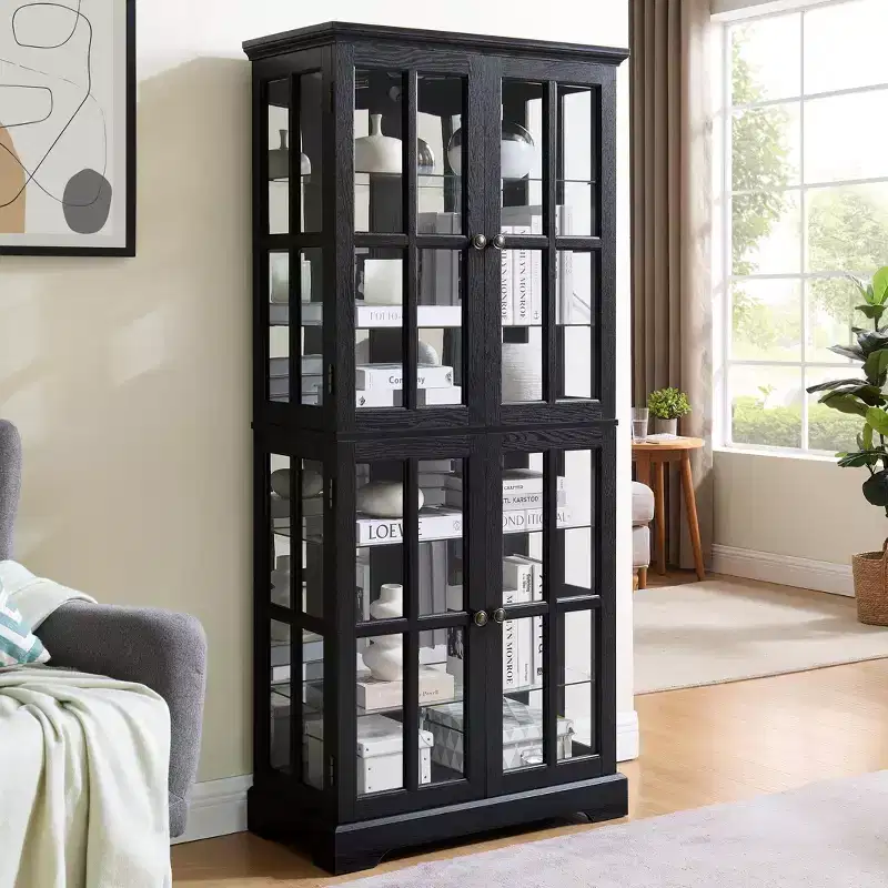 Antique Curio Bookshelf - Black MDF+Glass, 4 Doors, Adjustable Shelves, E26 Bulb