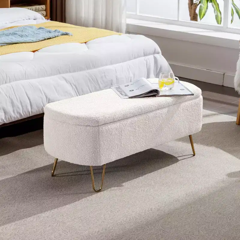 Modern Upholstered Storage Ottoman Bench for End of Bed Gold Legs