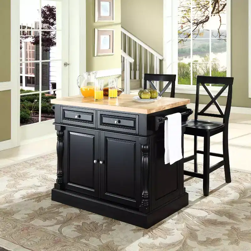 Crosley Oxford Kitchen Island with 2 X-Back Stools Black: Traditional Style, Towel Bar, 4 Shelves, 2 Drawers