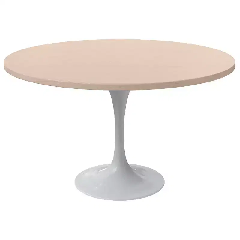 LeisureMod Verve Mid-Century Modern Table with a 48 Round MDF Tabletop and White Steel Pedestal Base for Kitchen and Dining Room in Light Natural