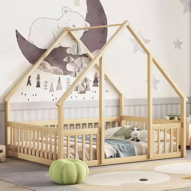 Zeus & Ruta Full Wood House-Shaped Floor Bed with Fence, Guardrails