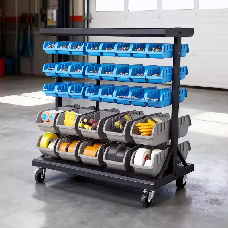 VEVOR 5-Tier Double-Sided Rolling Bin Storage Rack, 68 Plastic Bins, Dual-Sided Parts Organizer with Wheels, Mobile Tool Organizer, Black