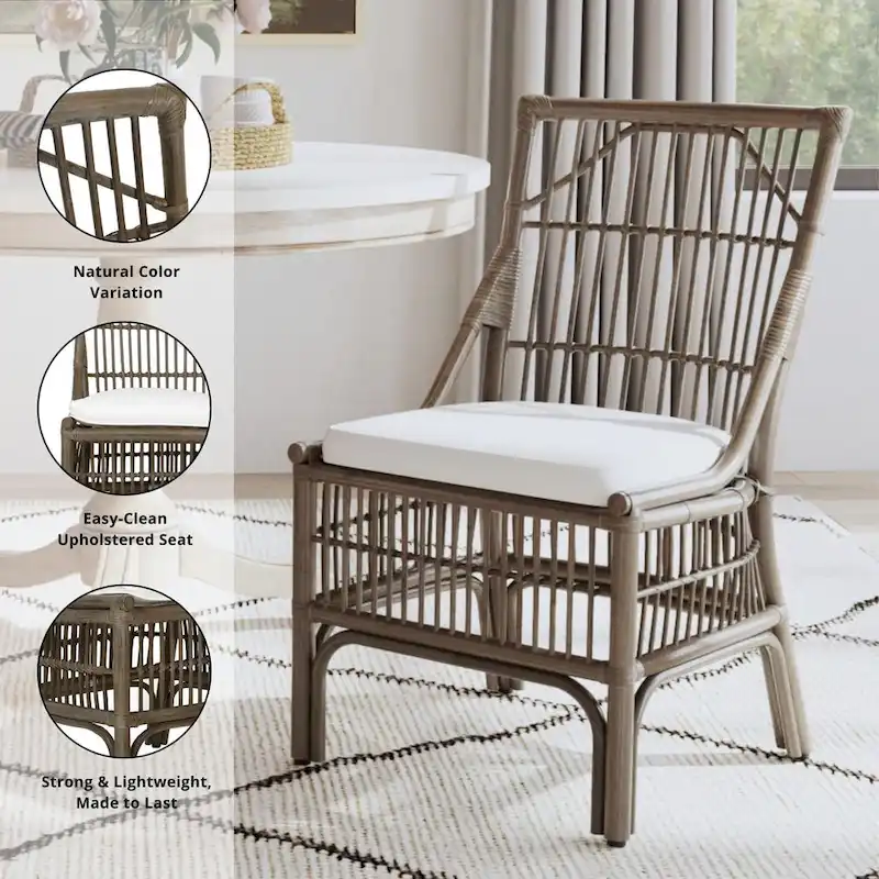 Rattan Slat Back Cushioned Dining Chairs, Two