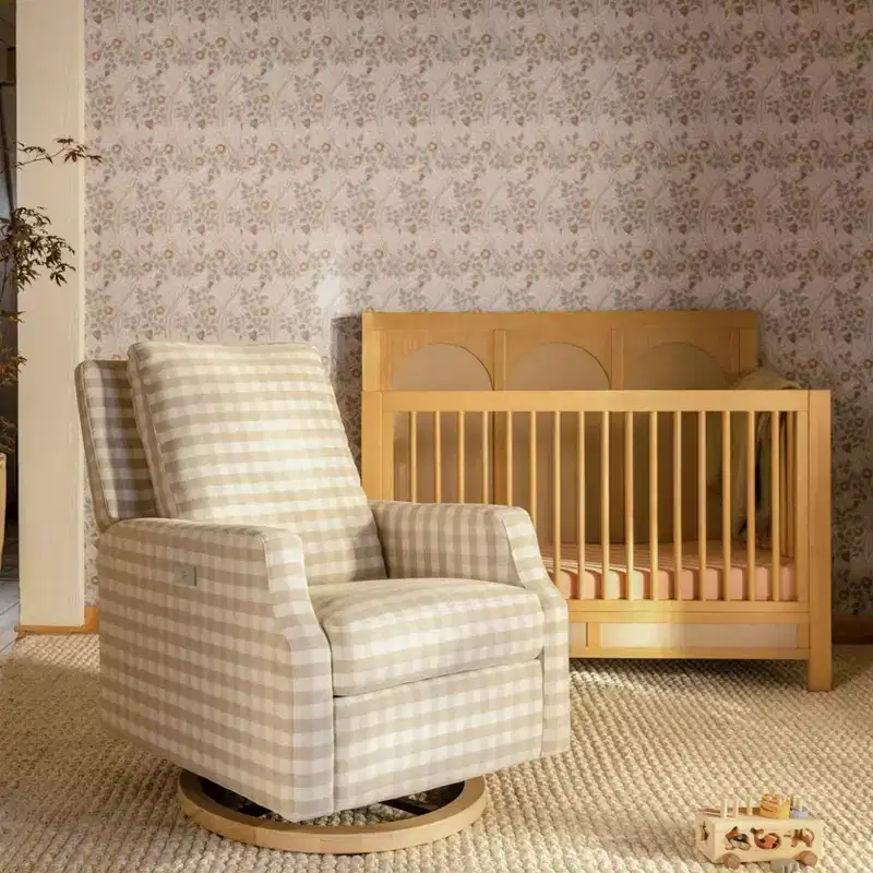 Electronic Recliner and Swivel Glider, Tan Gingham With Light Wood Base