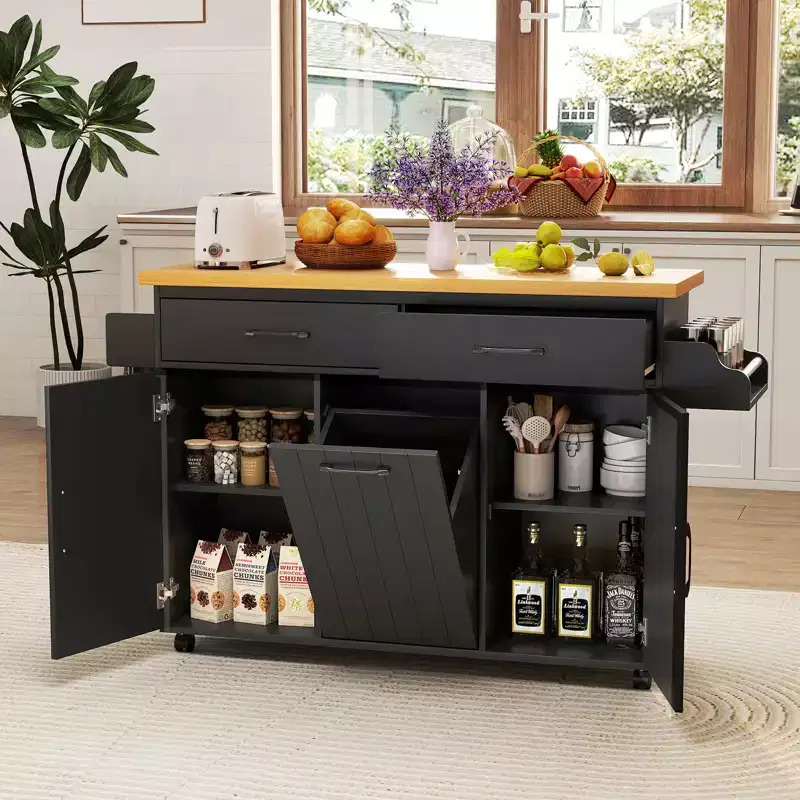 Costway Rolling Kitchen Island Kitchen Cart with Tilt-out Trash Cabinet Island Table White/Black