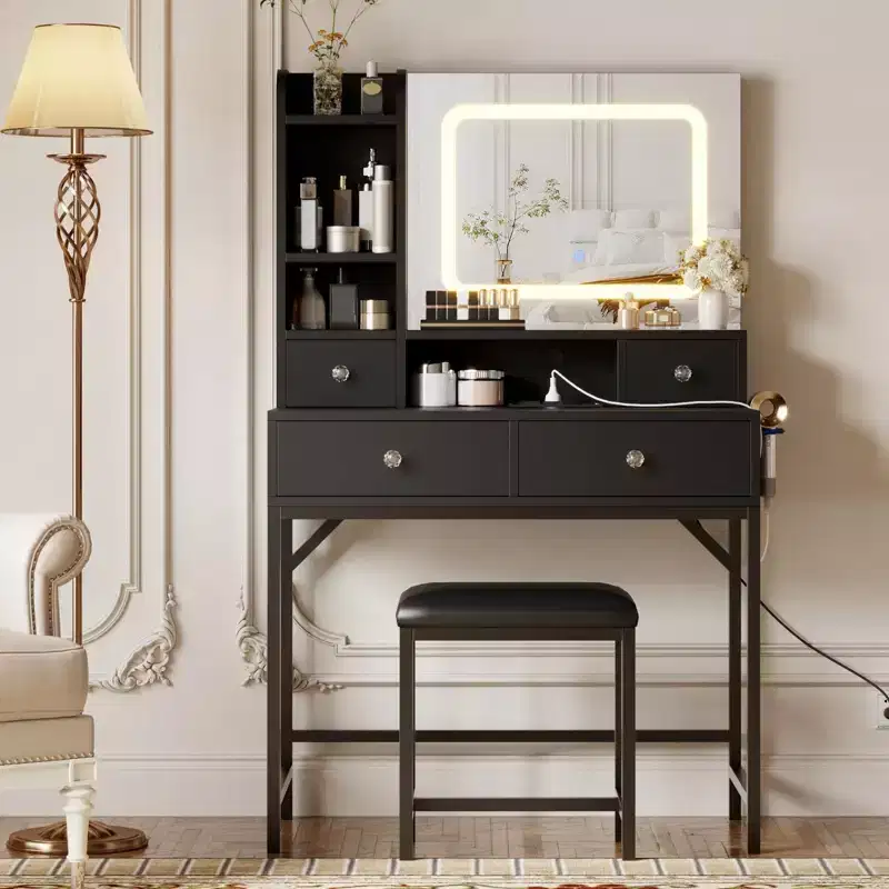 Makeup Vanity Desk and Stool with Mirror, Modern Vanity Table with Charging Station, 3 Lighting Dressing Table Set for Bedroom, Makeup Studio