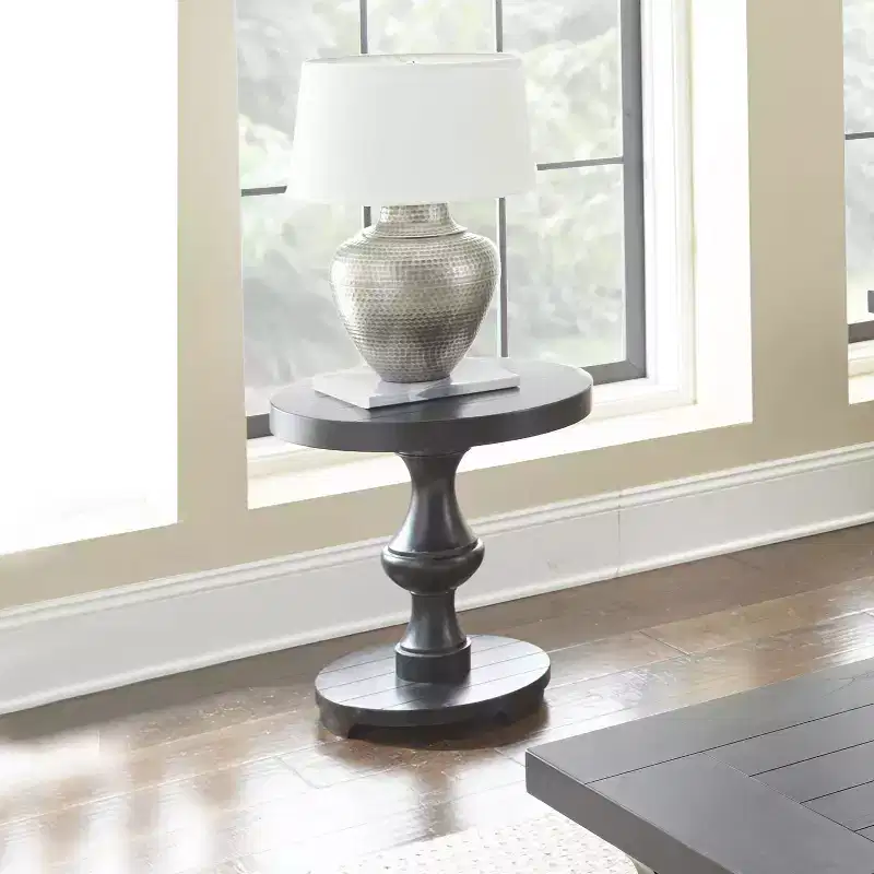 Dory Round End Table Black - Steve Silver: Elegant Pedestal, Glossy Finish, Carved Support, Wood Veneer