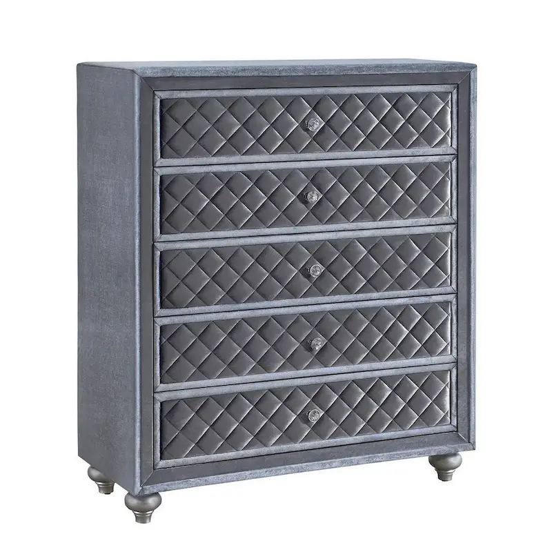 49 Inch Tall 5-Drawer Dresser Chest, Crystal Knobs, Smooth Gray Velvet