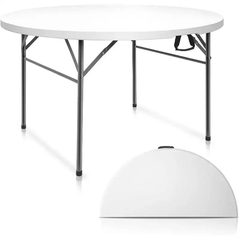 VINGLI 48 Round Bi-Folding Commercial Table, Portable Plastic Dining Card Table for Outdoor Parties, Restaurants, Cafes and Commercial Events, White