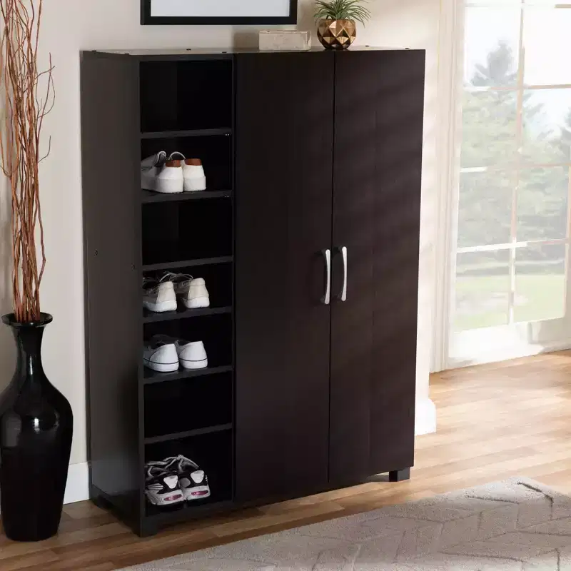 2-Door Wood Entryway Shoe Storage Cabinet with Open Shelves Wenge Finish
