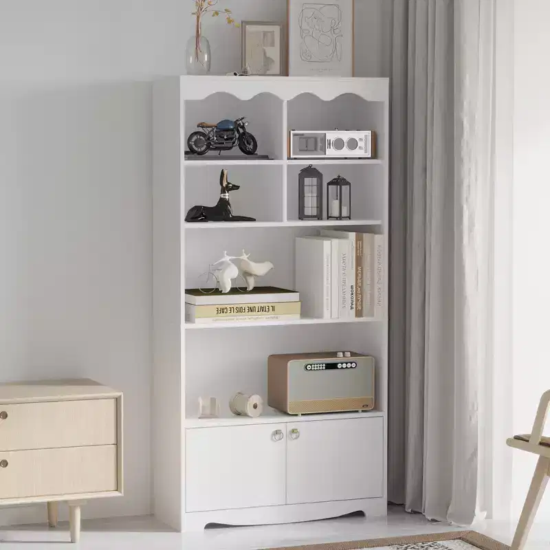 Modern Freestanding Display Shelf,Tall 63 Inch Wood Bookcase With 2 Cabinets,5-Tier Book Shelf Storage Organizer for Bedroom, Living Room, Office