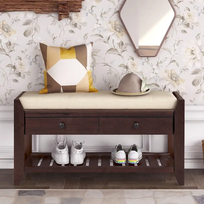 TREXM Shoe Rack with Cushioned Seat and Drawers