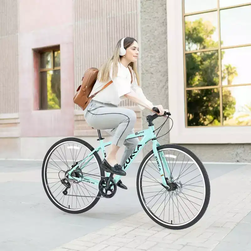 NAYSAYE Bicycle 7 Speed Hybrid Bike Aluminum Frame Double Disc Brakes for City Adventures, Green, 64.57*25.19*37.79