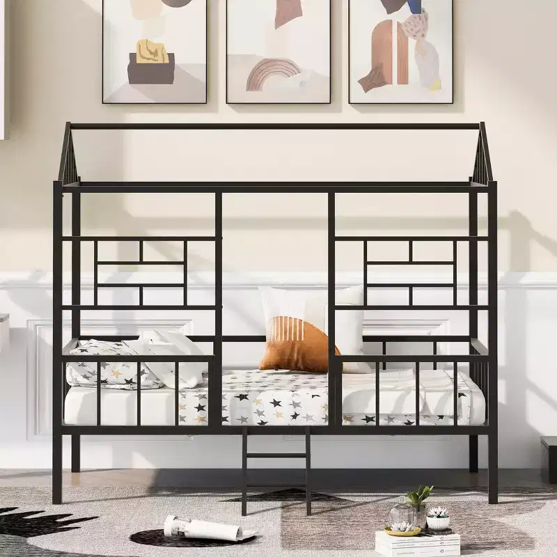 Metal Platform Bed Frame Twin Size Low Tree House Bed with Slatted Support for Toddlers Teen Boys Girls