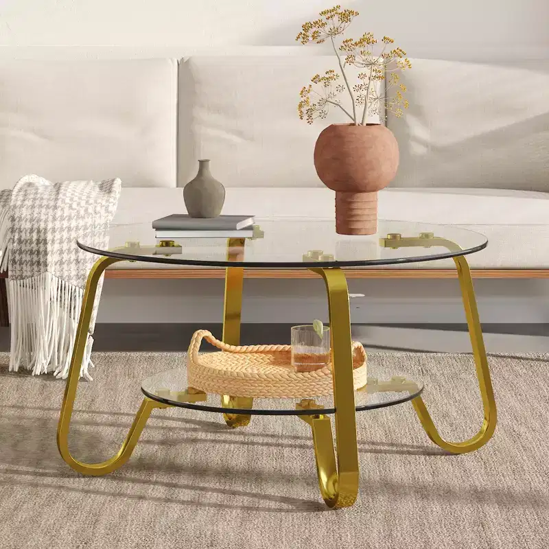 Retro minimalist style metal frame double-layer tempered glass coffee table, size 31.5 * 31.5 * 17.7 inches