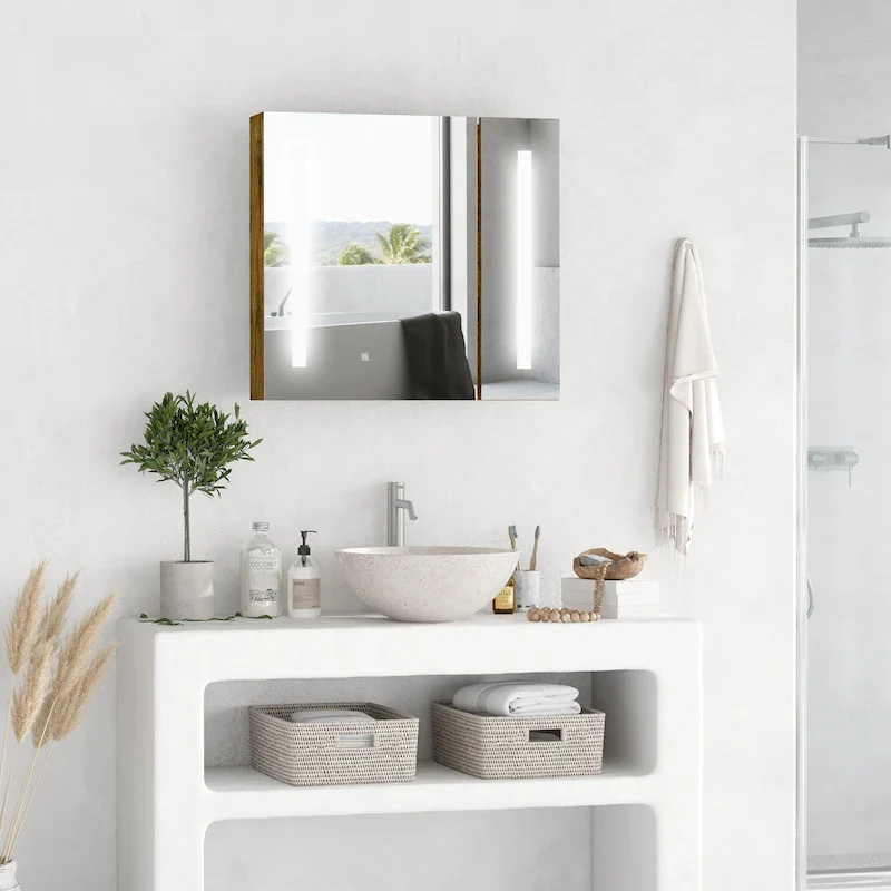 27.5x25.5 Inch LED Lighted Medicine Cabinet with Mirror, Wall Mounted Dimmable Bathroom Storage