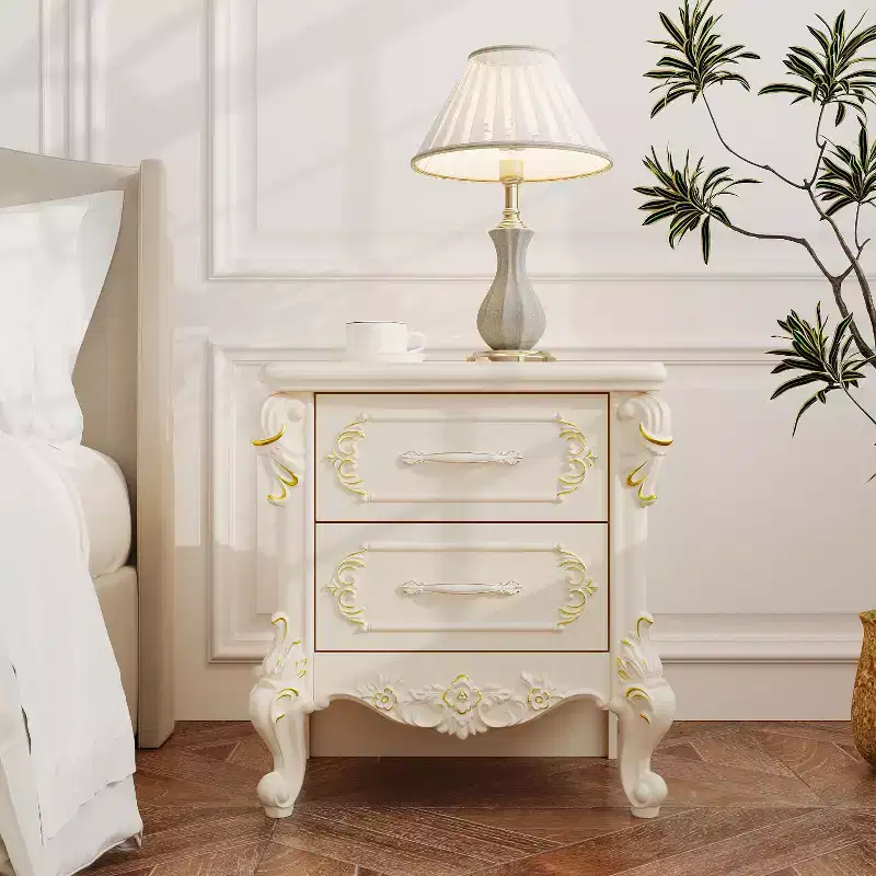 Famapy French Country White Nightstand with Double Drawers & Gold Accents,Ornate Carvings,Side Table,Elegant Storage for Bedroom
