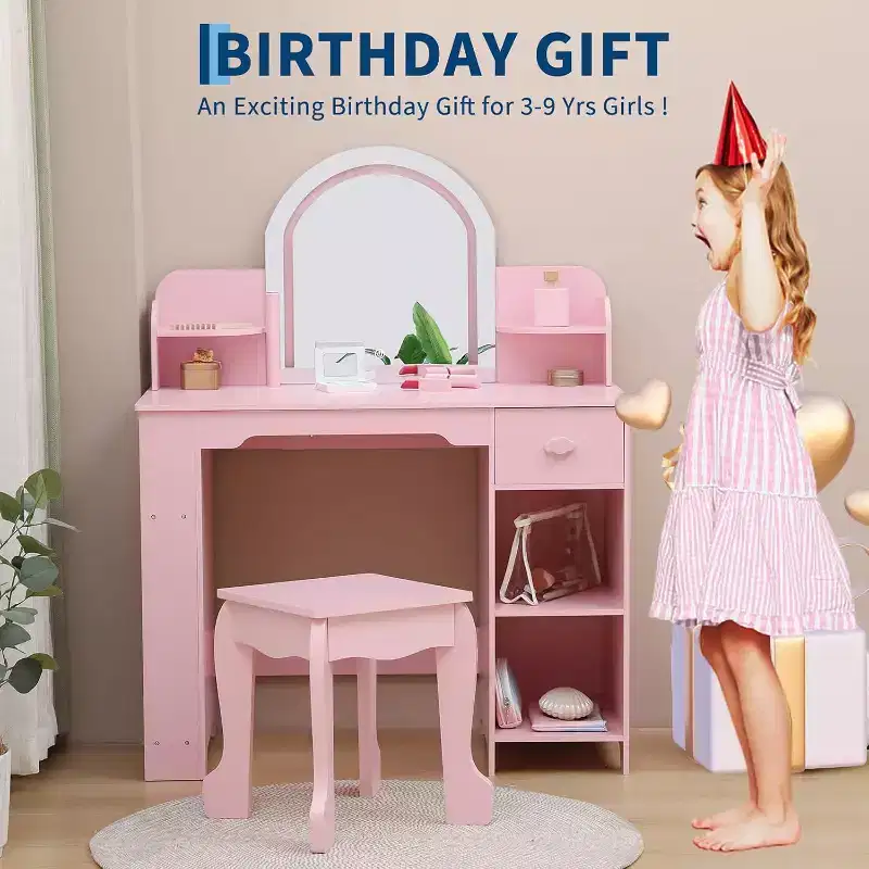 GustoWave 2 in 1 Kids Vanity Table & Stool with Mirror, Bookshelf and Makeup Palyset