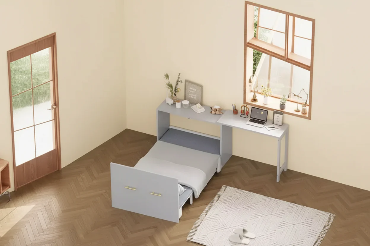Twin Size Murphy Cabinet Bed Frame with Adjustable Desk and Foldable Cushion, 74.8x30.3x79.9 in
